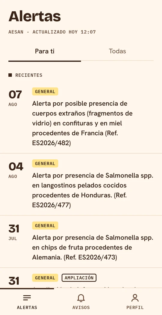 Pantalla de alertas de Traza: lista «Para ti» con las alertas recientes de la AESAN